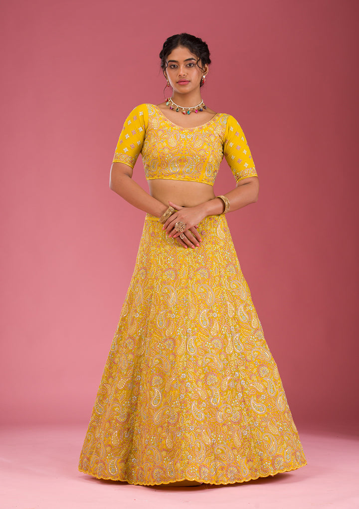 Yellow Kashmiri Georgette Semi Stitched Lehenga