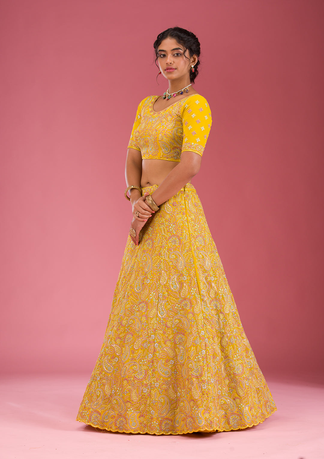 Yellow Kashmiri Georgette Semi Stitched Lehenga