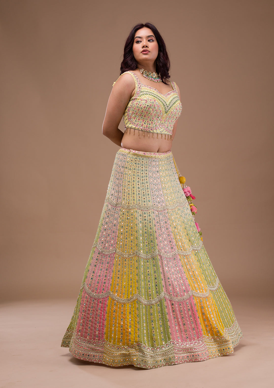 Yellow Mirrorwork Georgette Readymade Lehenga