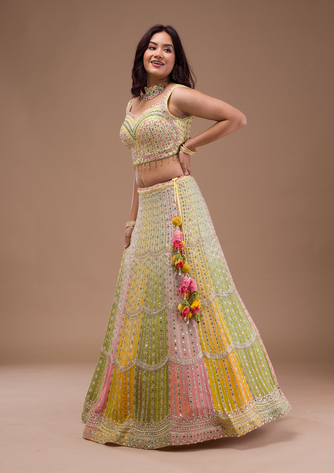Yellow Mirrorwork Georgette Readymade Lehenga