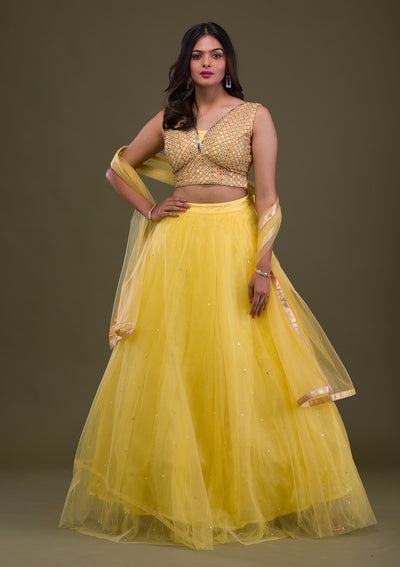 Yellow Mirrorwork Net Readymade Lehenga-Koskii