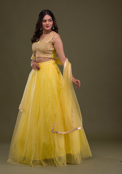 Yellow Mirrorwork Net Readymade Lehenga-Koskii