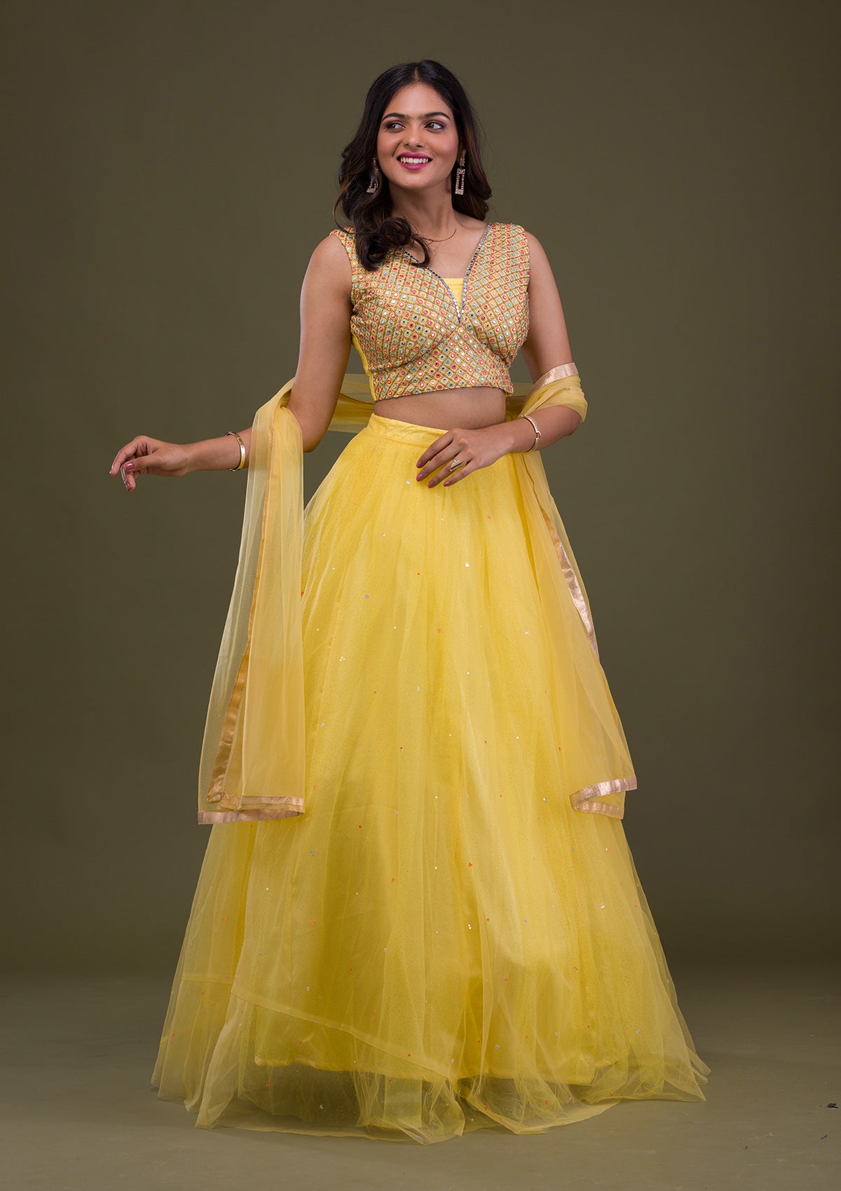 Yellow Mirrorwork Net Readymade Lehenga-Koskii