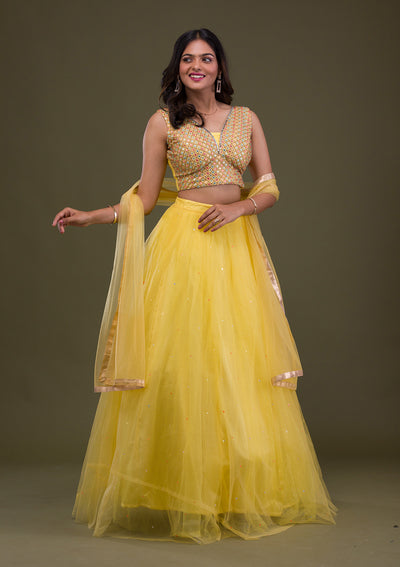 Yellow Mirrorwork Net Readymade Lehenga-Koskii