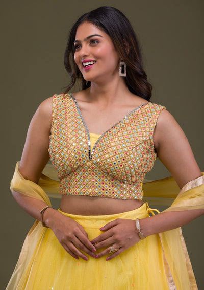 Yellow Mirrorwork Net Readymade Lehenga-Koskii