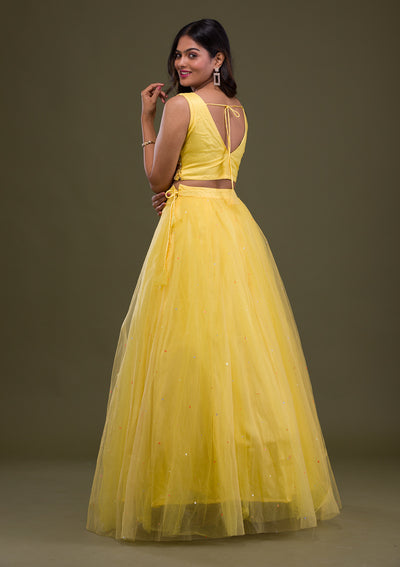 Yellow Mirrorwork Net Readymade Lehenga