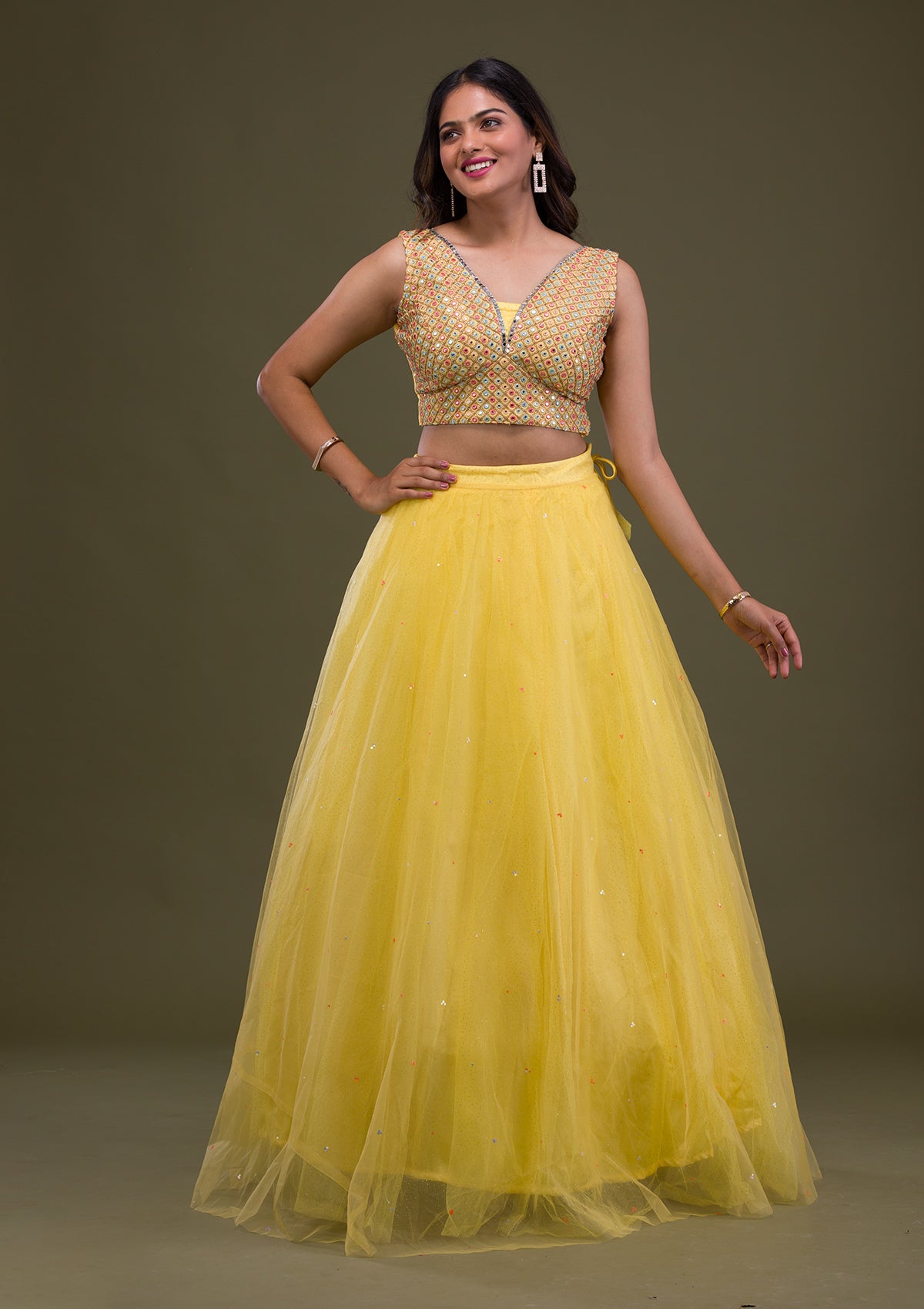 Yellow Mirrorwork Net Readymade Lehenga-Koskii