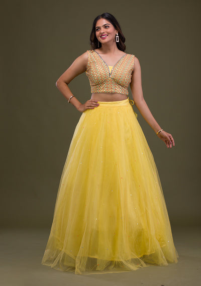Yellow Mirrorwork Net Readymade Lehenga-Koskii