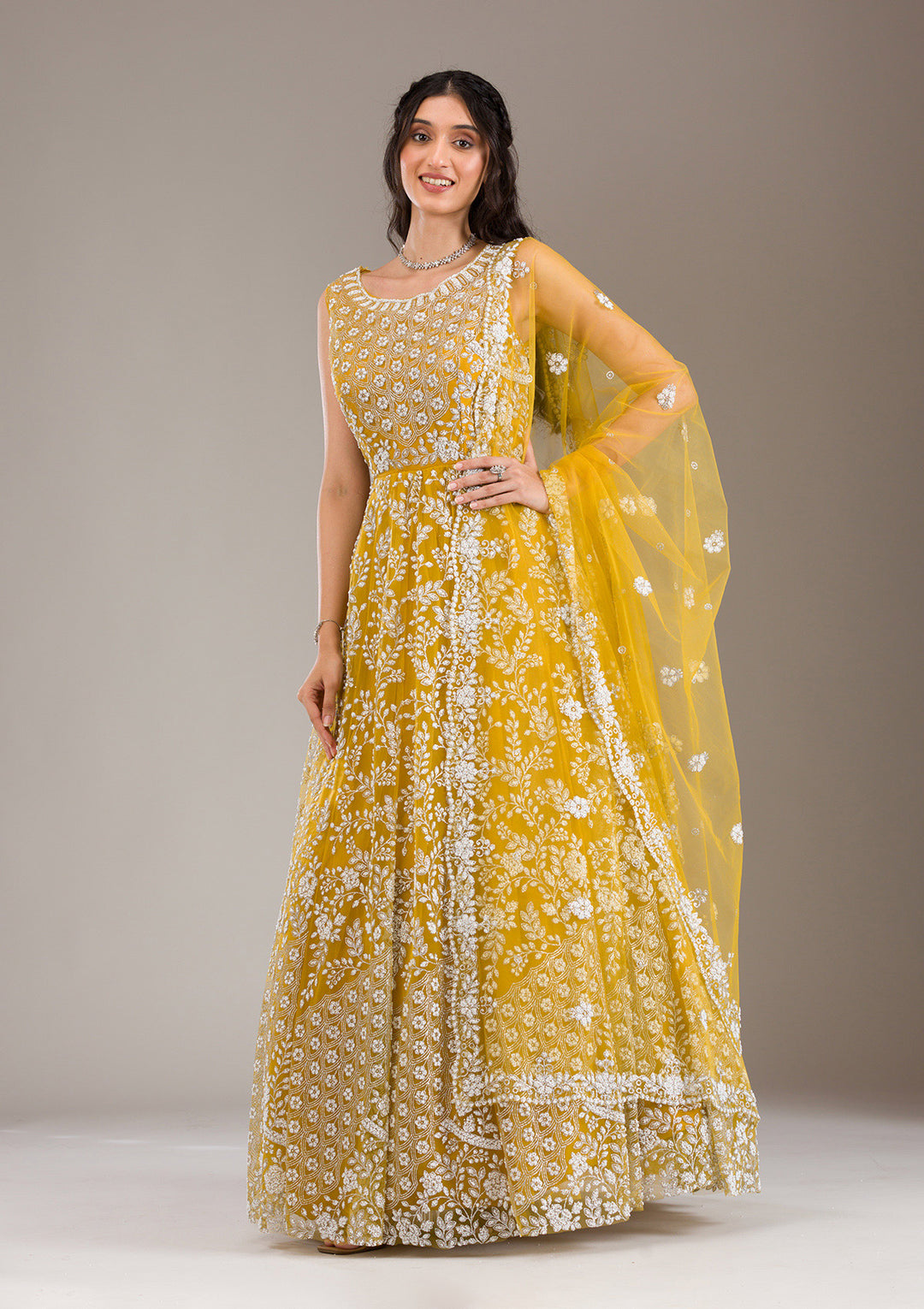 Yellow Dress for Haldi: Make Your Special Day Stunning 2024 6 koskii yellow pearlwork net designer gown