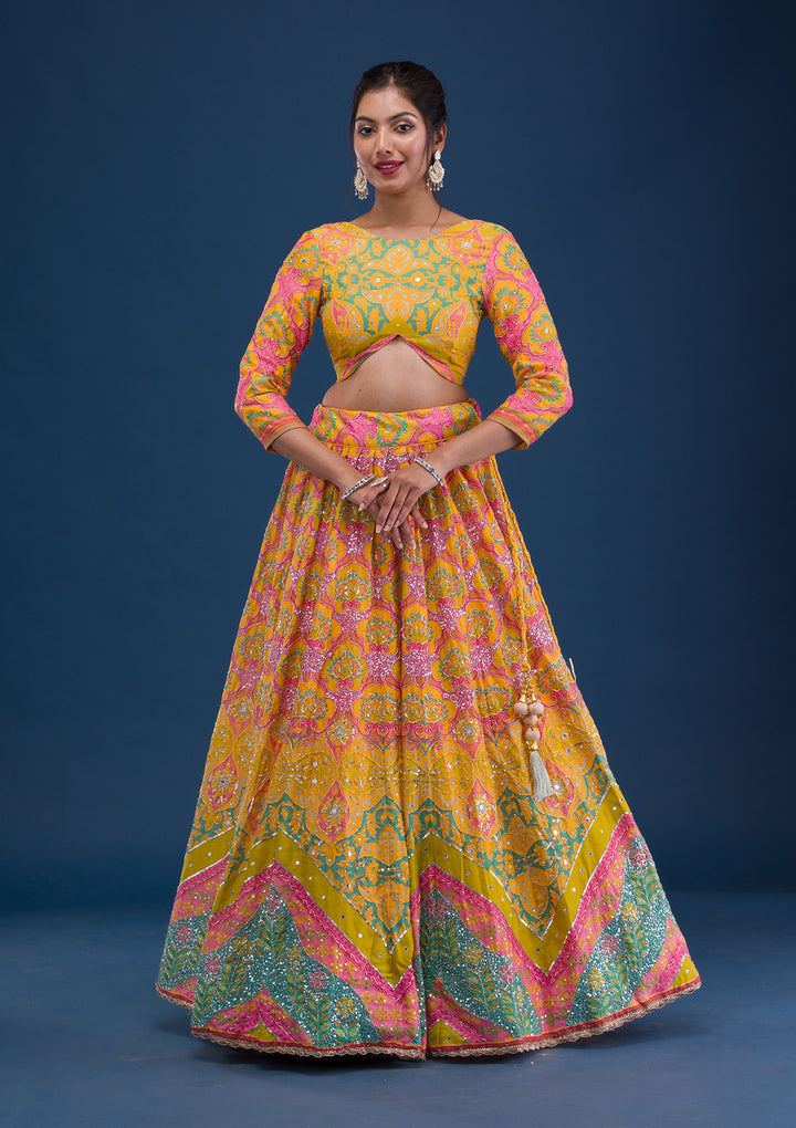 Yellow Print Crepe Semi Stitched Lehenga