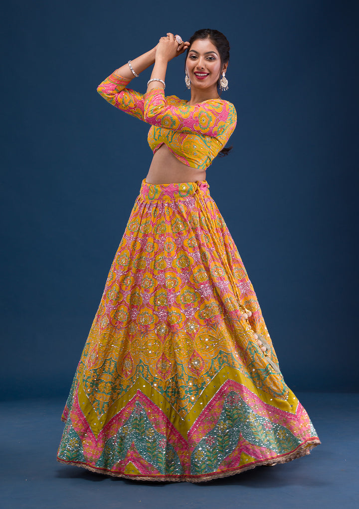 Yellow Print Crepe Semi Stitched Lehenga