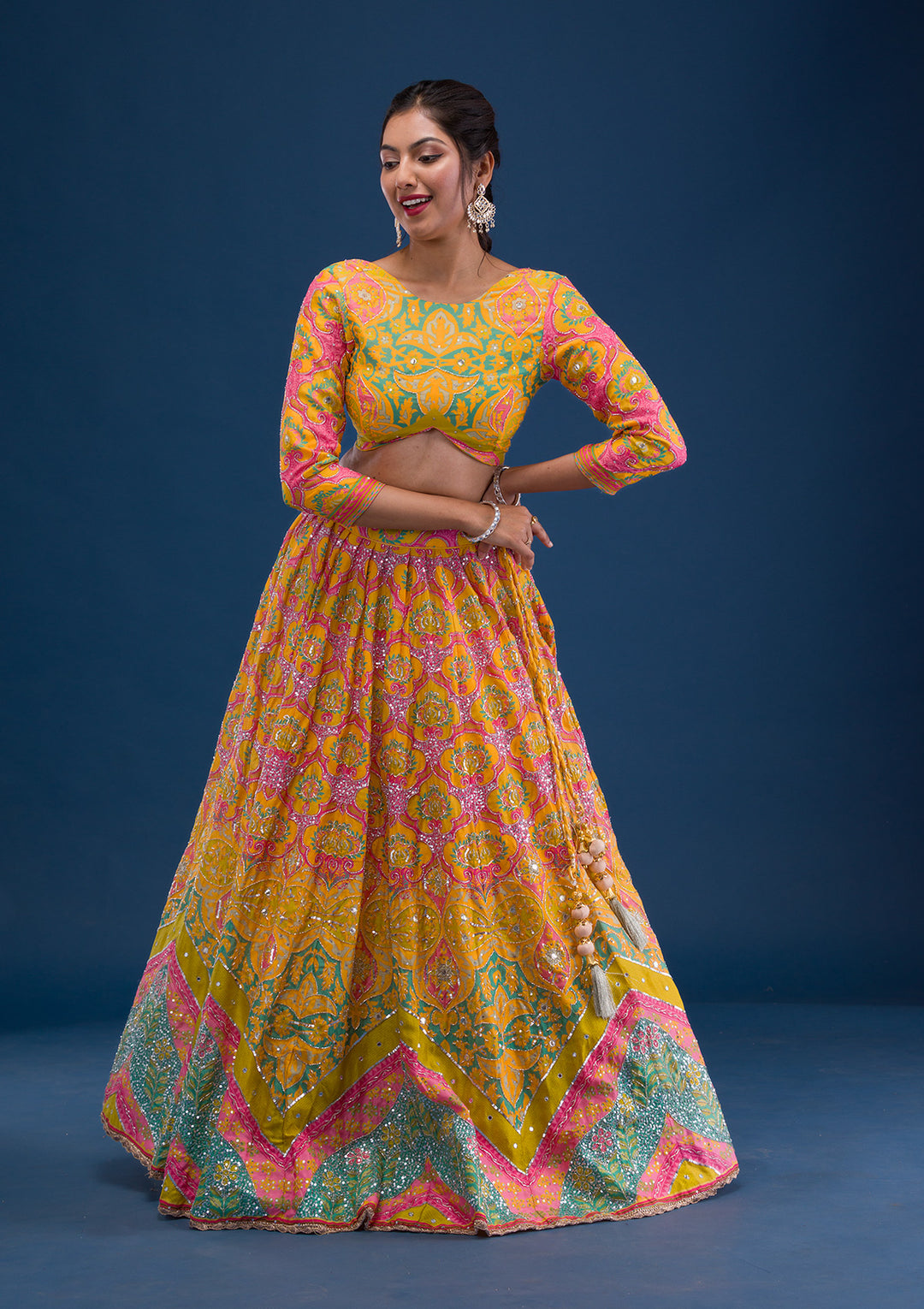 Yellow Print Crepe Semi Stitched Lehenga
