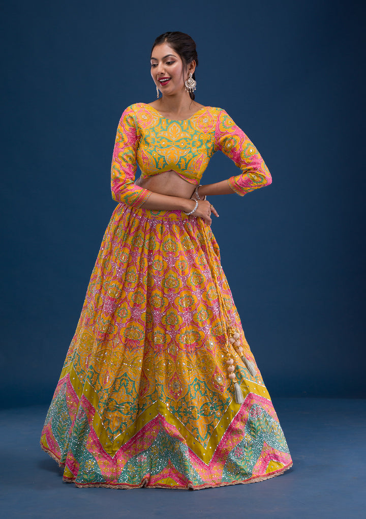Yellow Print Crepe Semi Stitched Lehenga