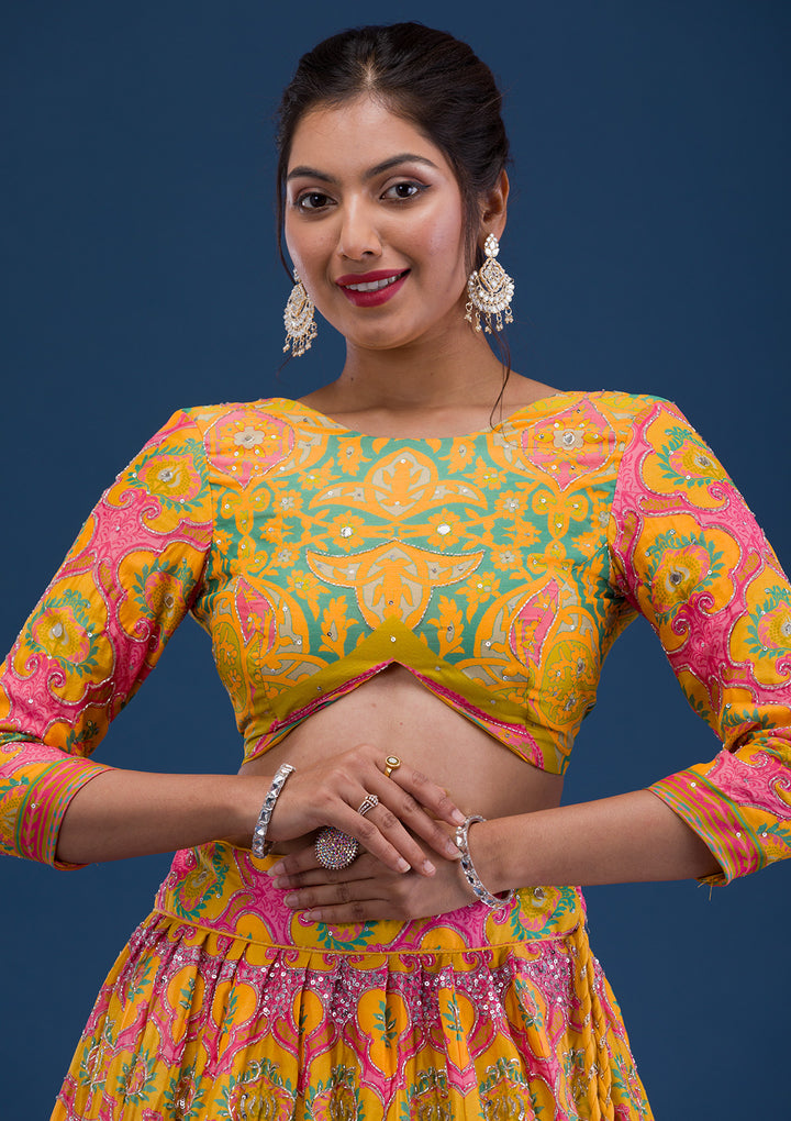 Yellow Print Crepe Semi Stitched Lehenga