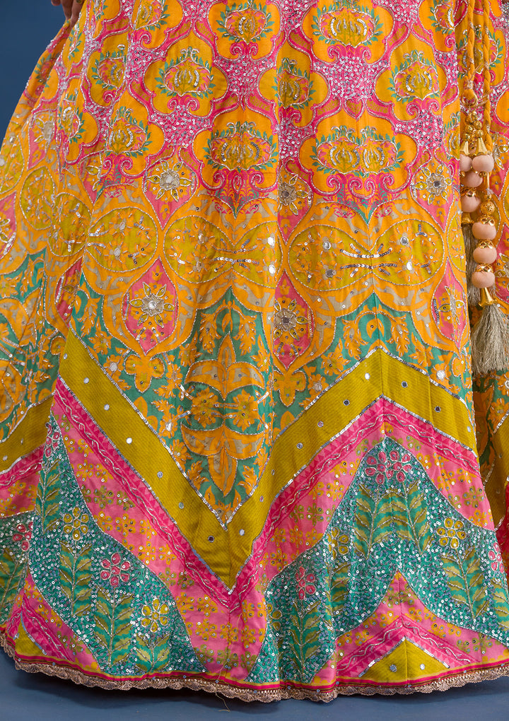 Yellow Print Crepe Semi Stitched Lehenga