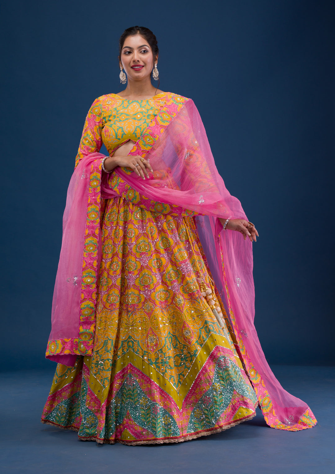 Yellow Print Crepe Semi Stitched Lehenga