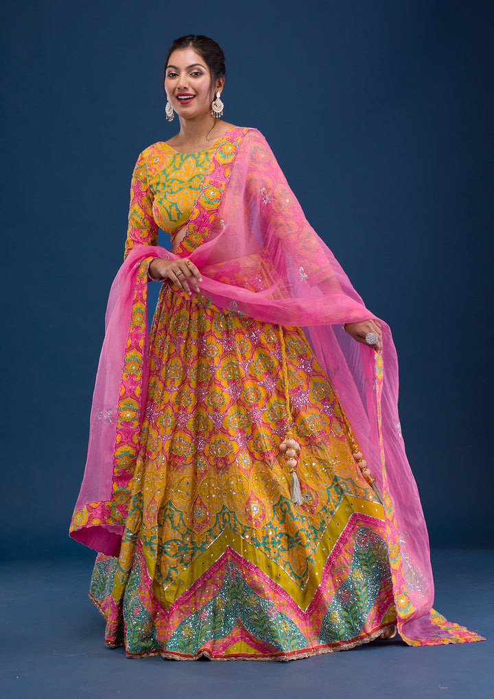 Yellow Print Crepe Semi Stitched Lehenga