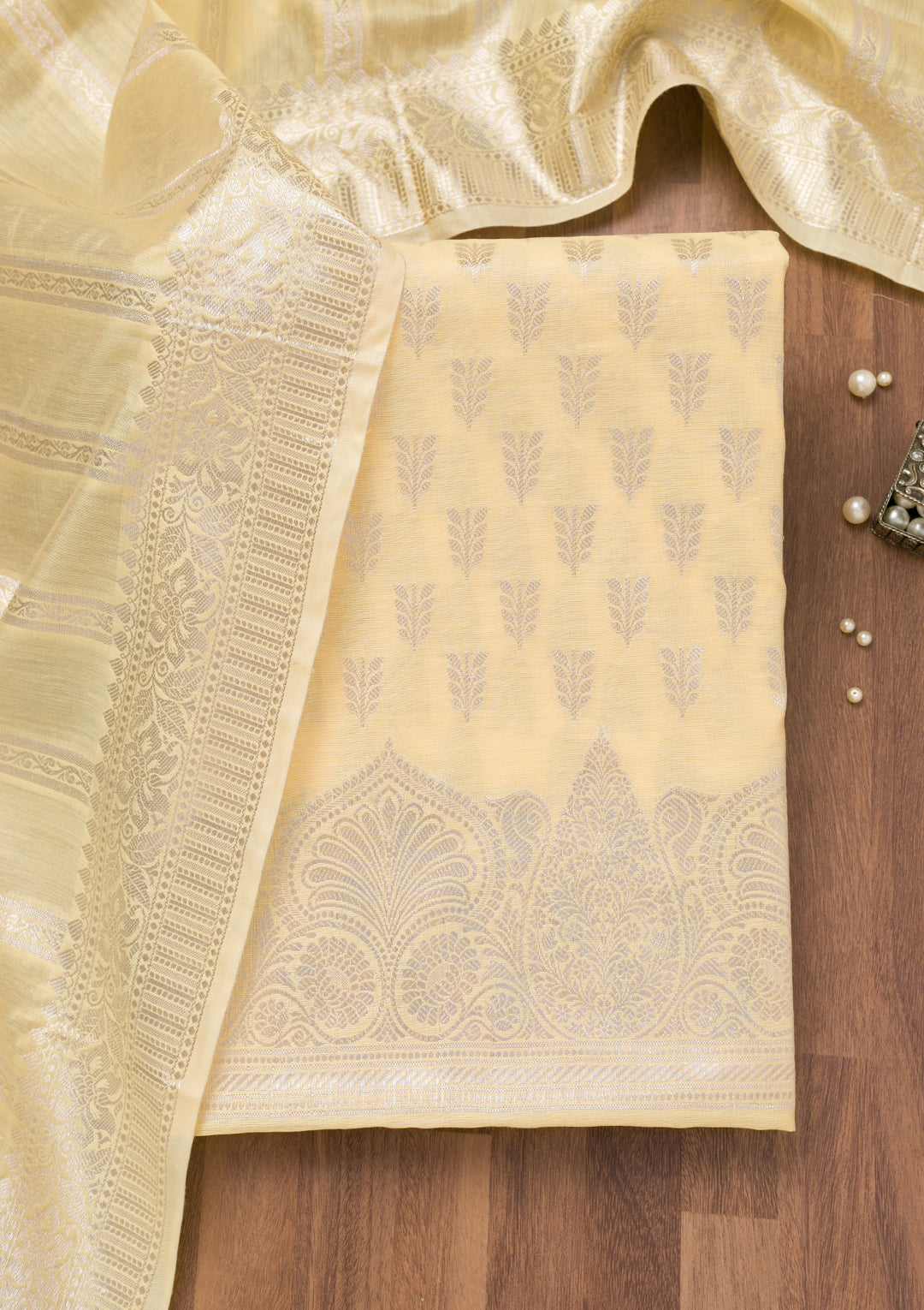 Yellow Zariwork Banarasi Unstitched Salwar Suit