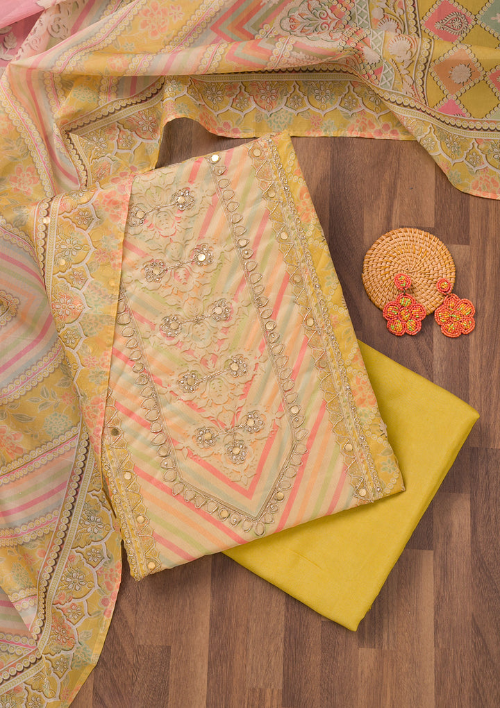 Yellow Printed Chanderi Unstitched Salwar Suit