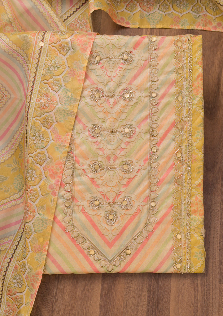 Yellow Printed Chanderi Unstitched Salwar Suit