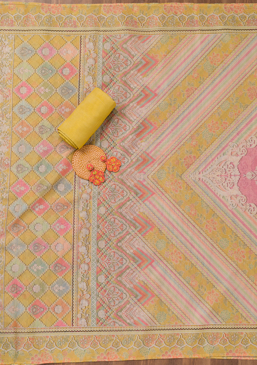 Yellow Printed Chanderi Unstitched Salwar Suit