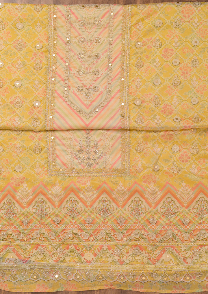 Yellow Printed Chanderi Unstitched Salwar Suit