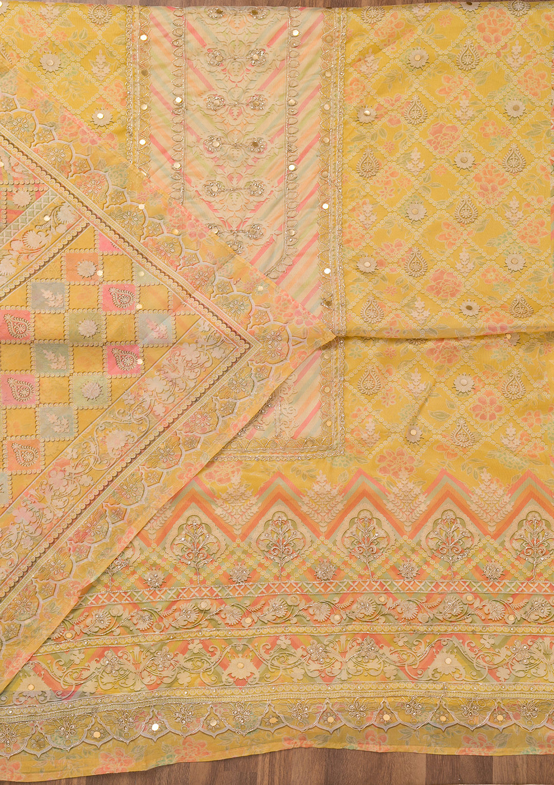 Yellow Printed Chanderi Unstitched Salwar Suit