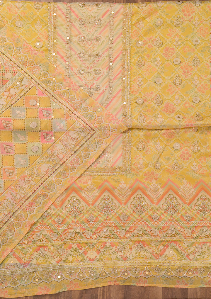 Yellow Printed Chanderi Unstitched Salwar Suit