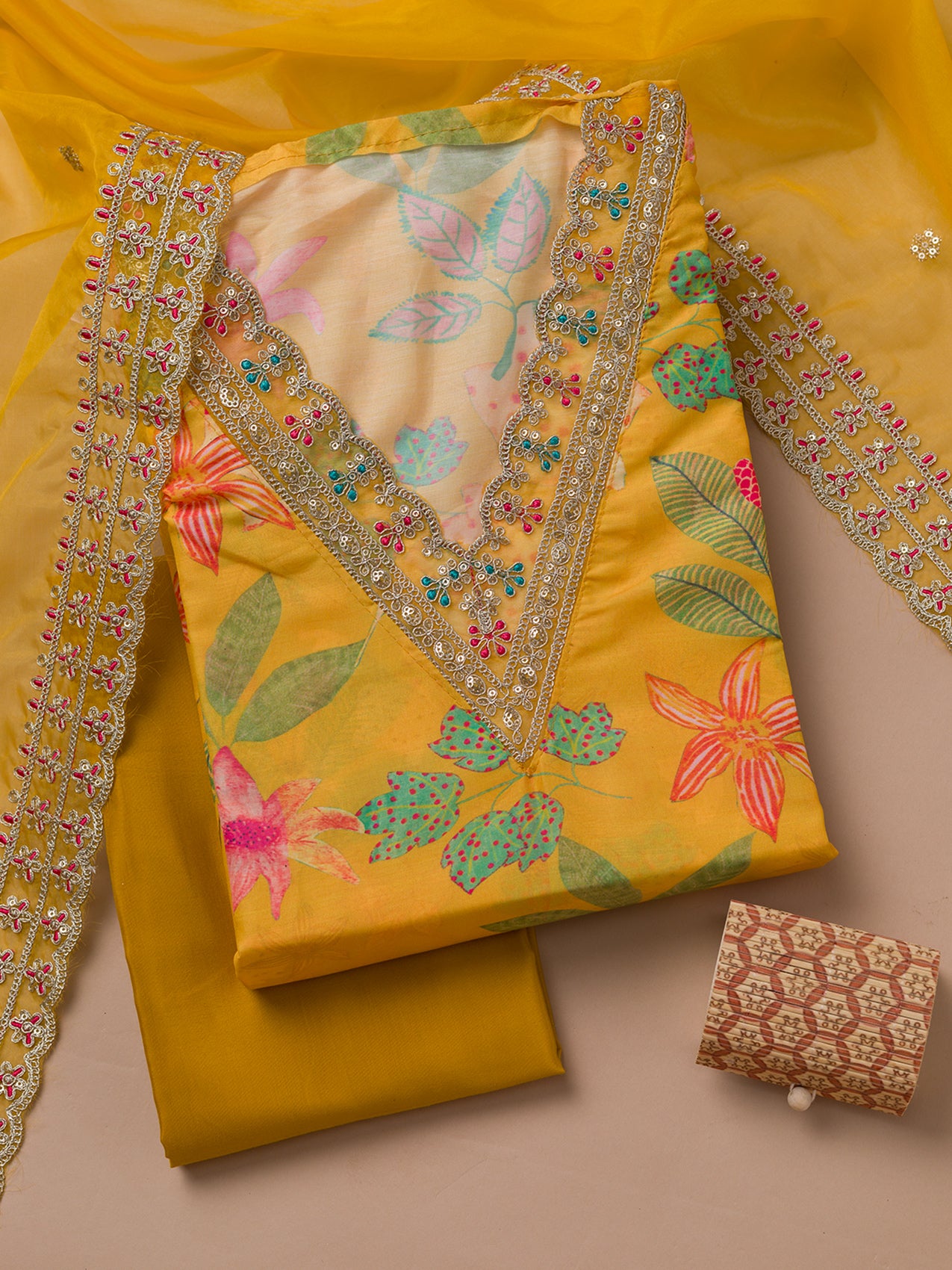 koskii yellow printed cottonblend designer salwar suit