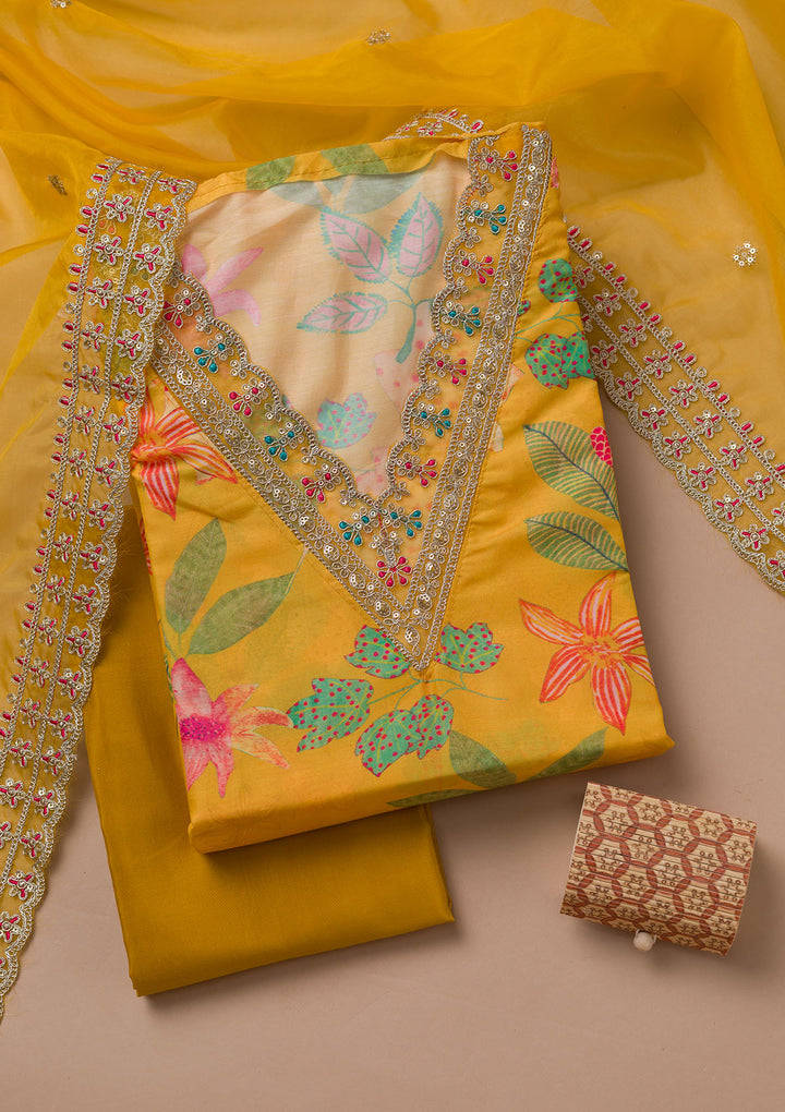 Yellow Printed Semi Crepe Unstitched Salwar Suit