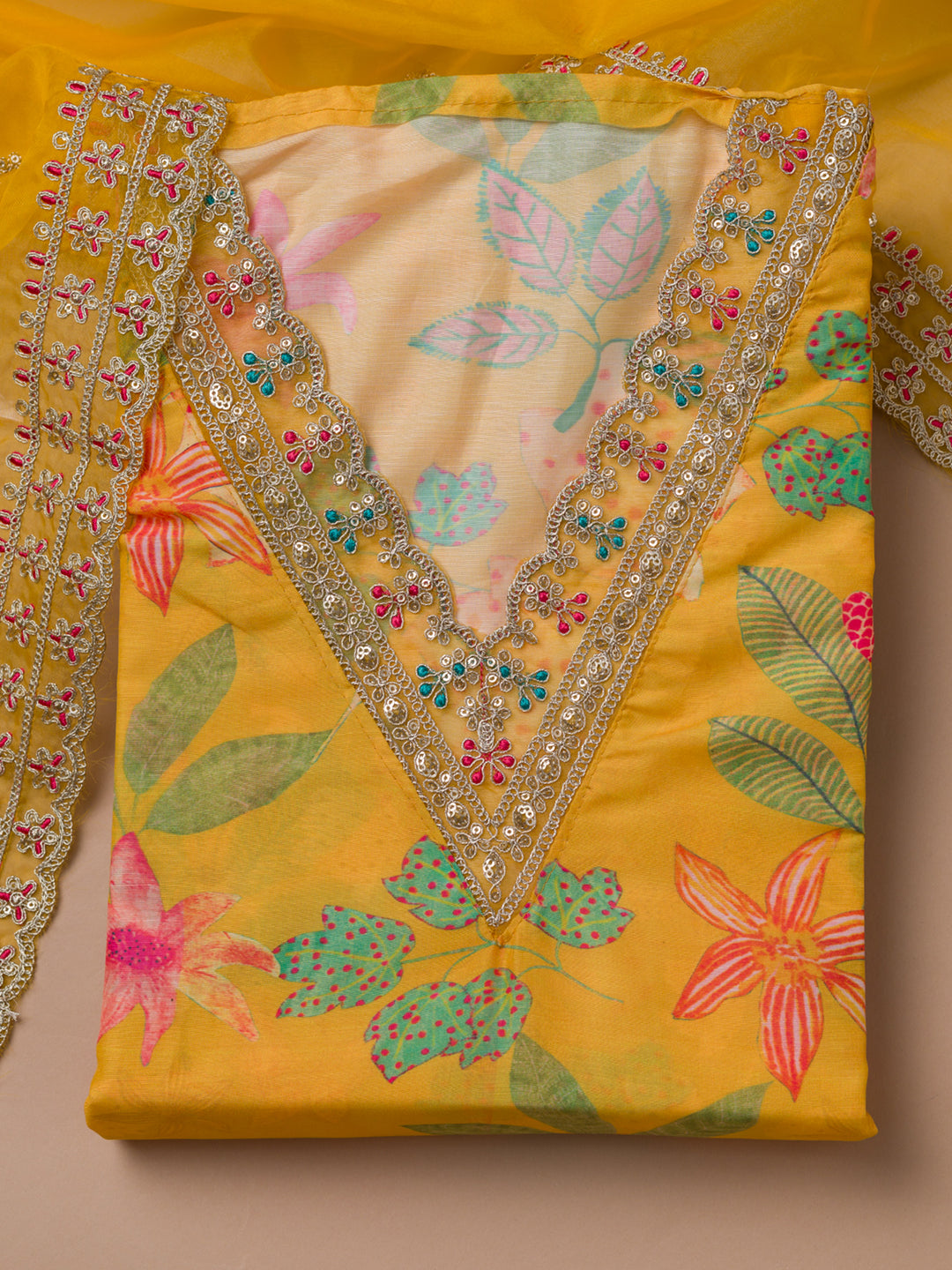 Yellow Printed Semi Crepe Unstitched Salwar Suit