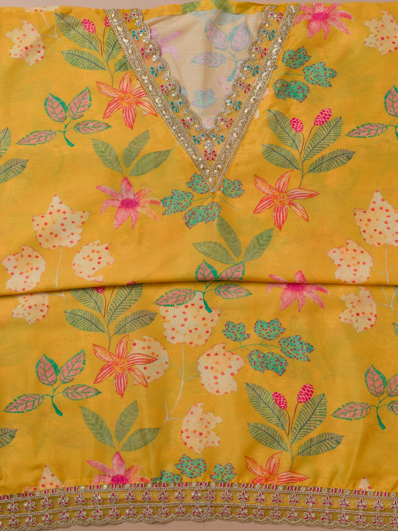 Yellow Printed Cotton Blend Unstitched Salwar Suit