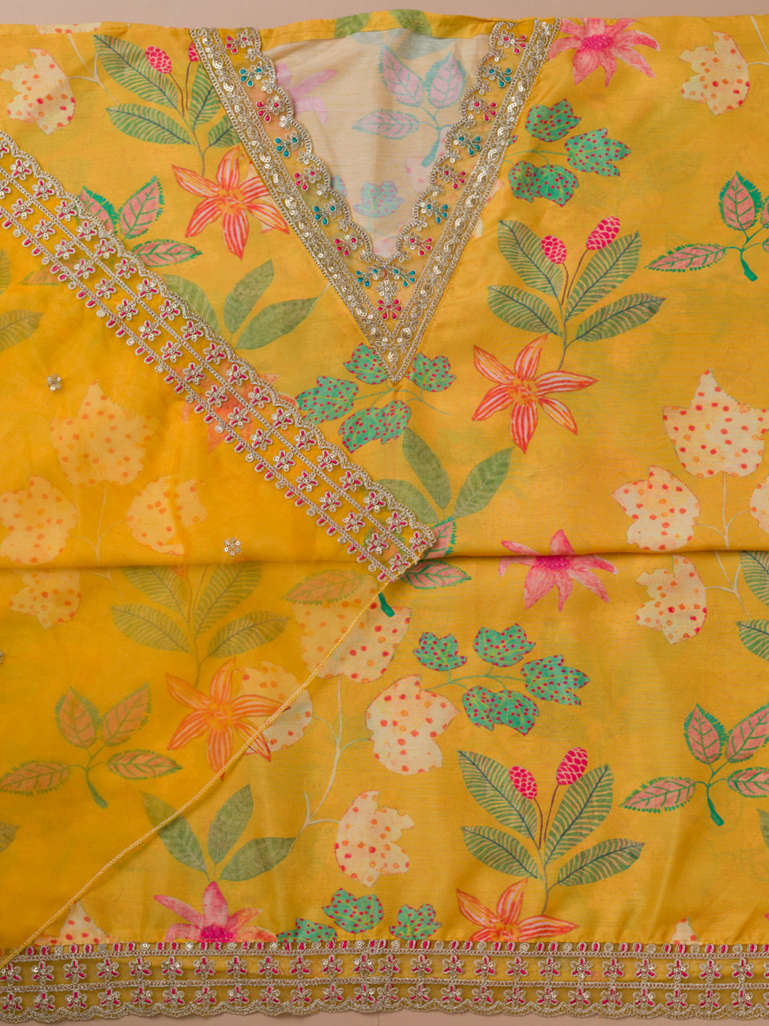 Yellow Printed Semi Crepe Unstitched Salwar Suit