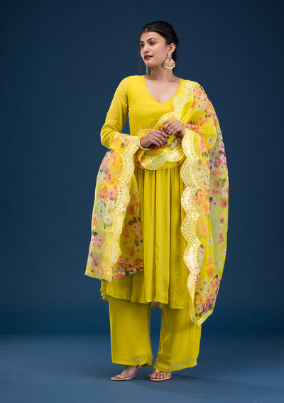 Yellow Printed Georgette Readymade Salwar Suit