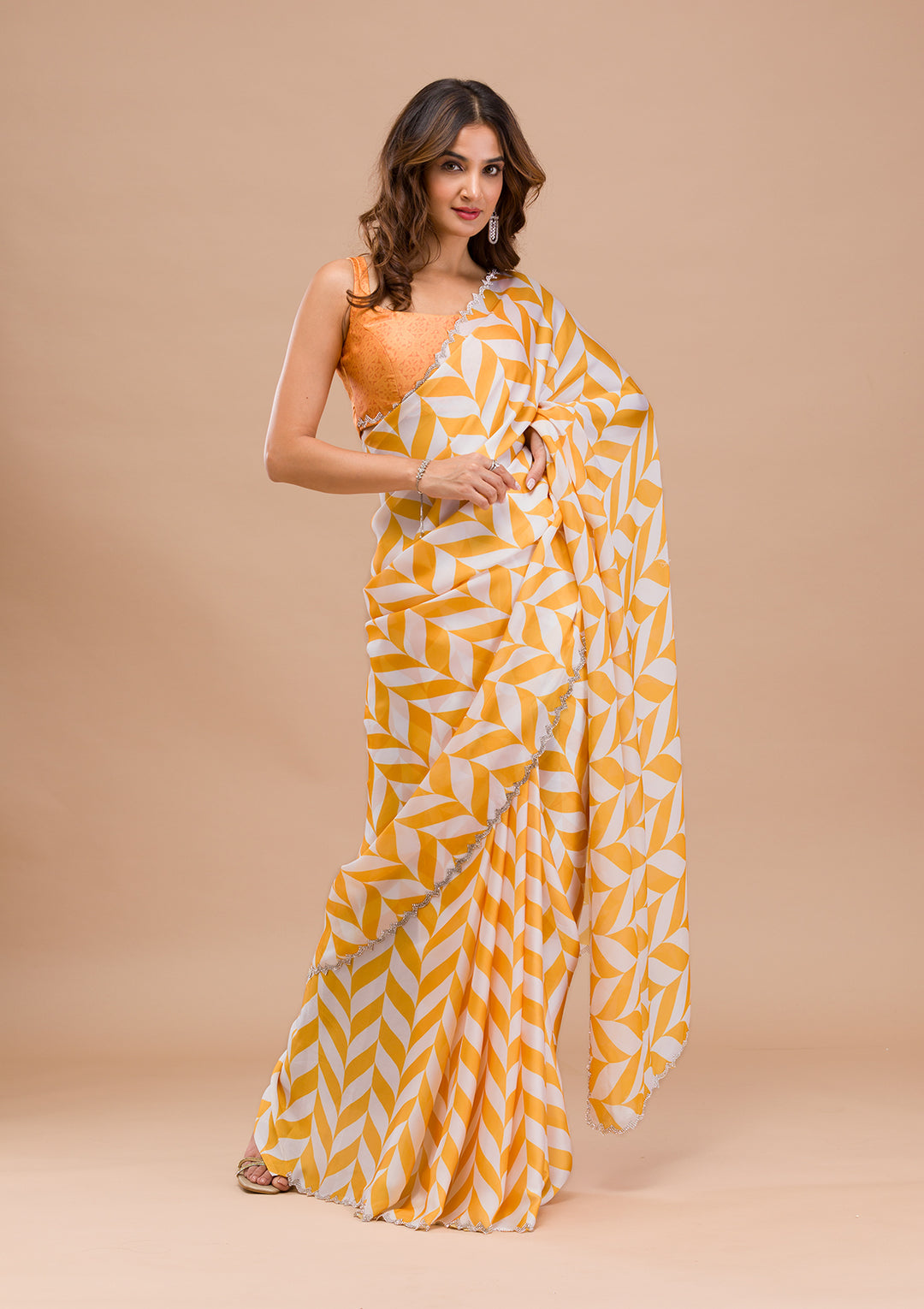Yellow Printed Satin Saree