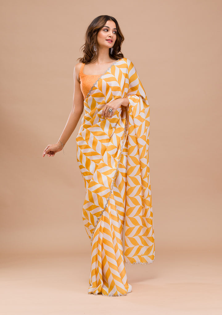 Yellow Printed Satin Saree