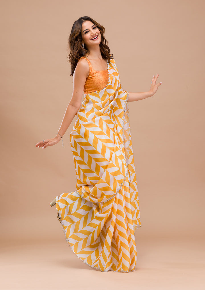 Yellow Printed Satin Saree