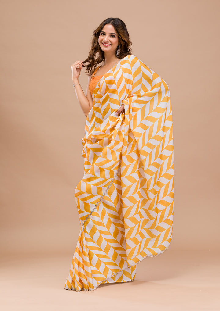 Yellow Printed Satin Saree
