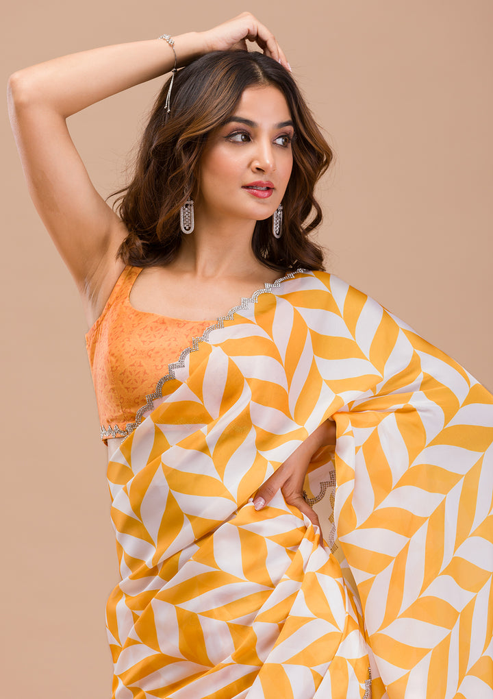 Yellow Printed Satin Saree