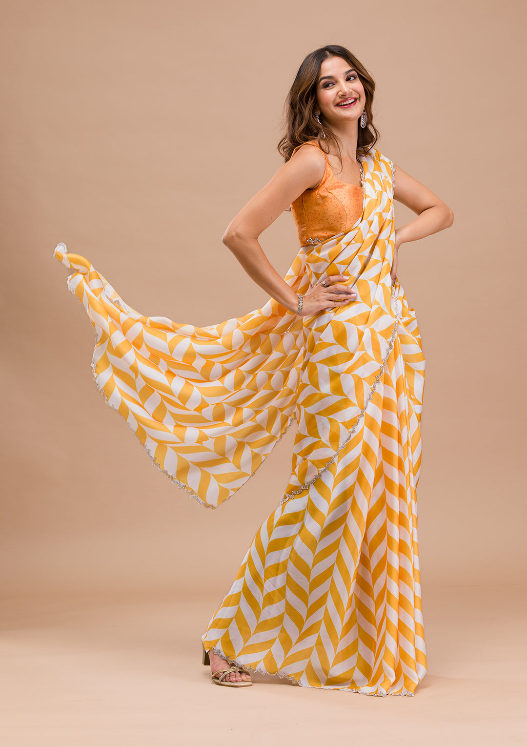 Yellow Printed Satin Saree