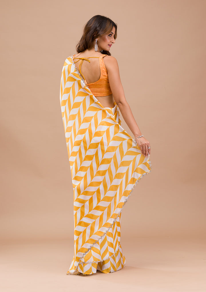 Yellow Printed Satin Saree
