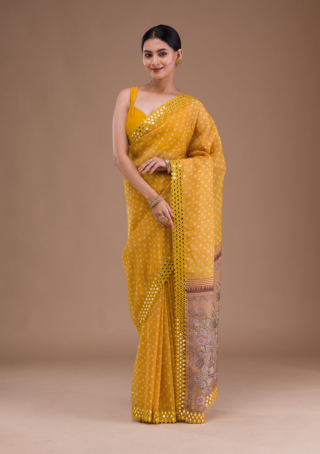 Yellow Printed Satin Saree