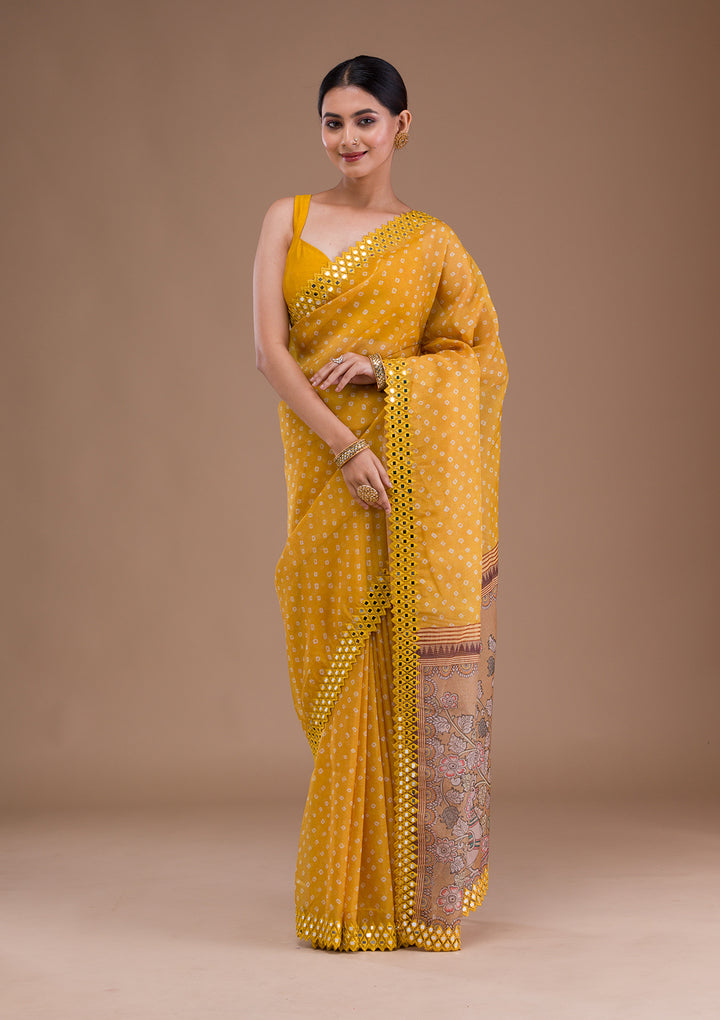 Yellow Printed Satin Saree