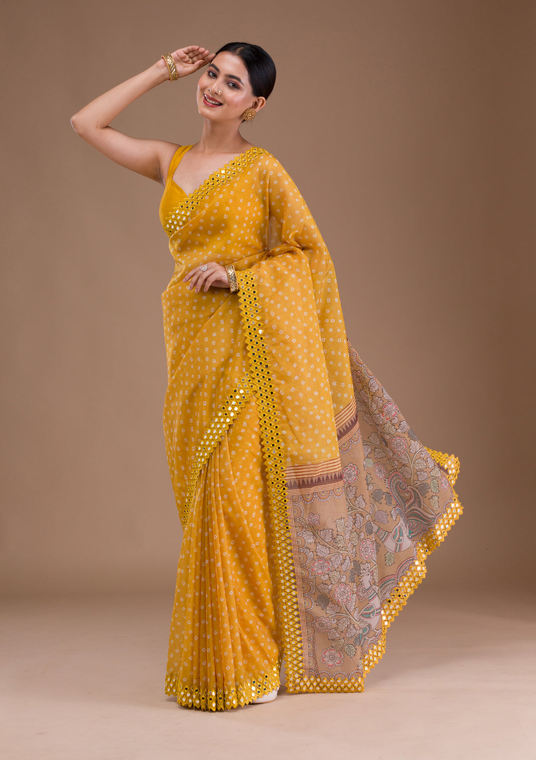 Yellow Printed Satin Saree