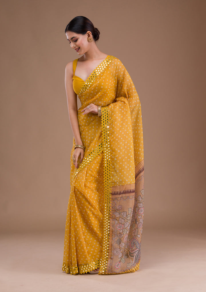 Yellow Printed Satin Saree