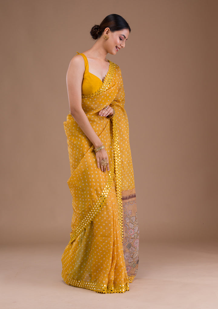 Yellow Printed Satin Saree