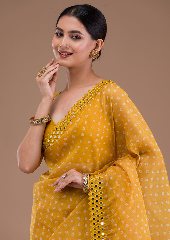 Yellow Printed Satin Saree