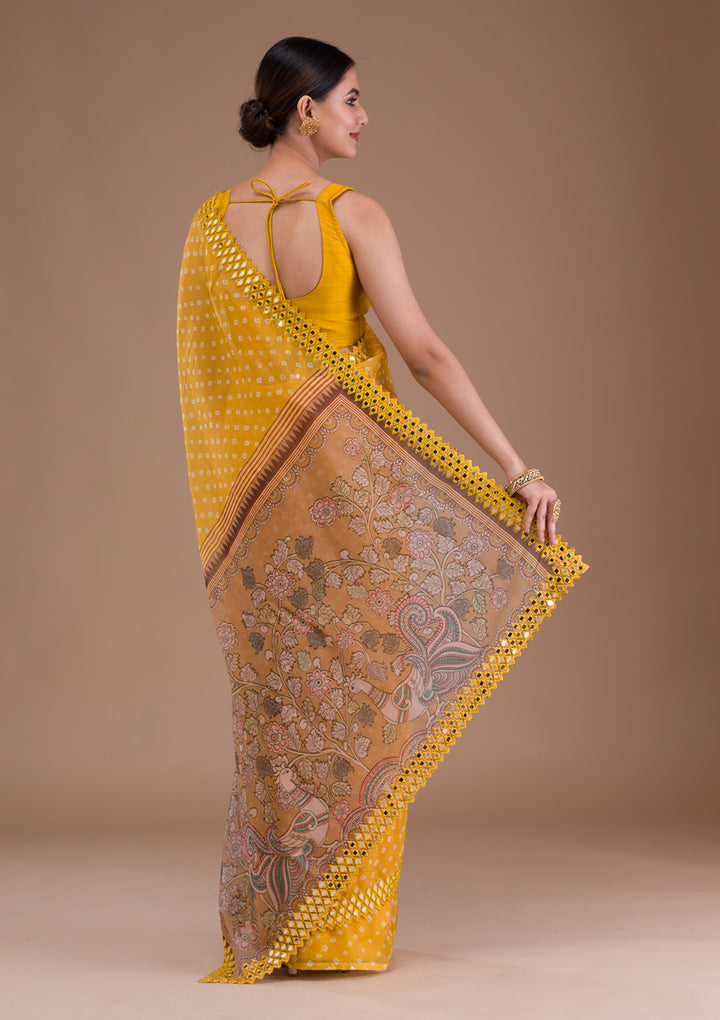 Yellow Printed Satin Saree