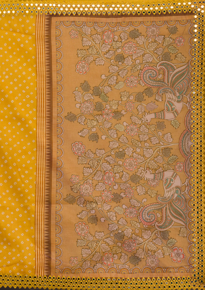 Yellow Printed Satin Saree