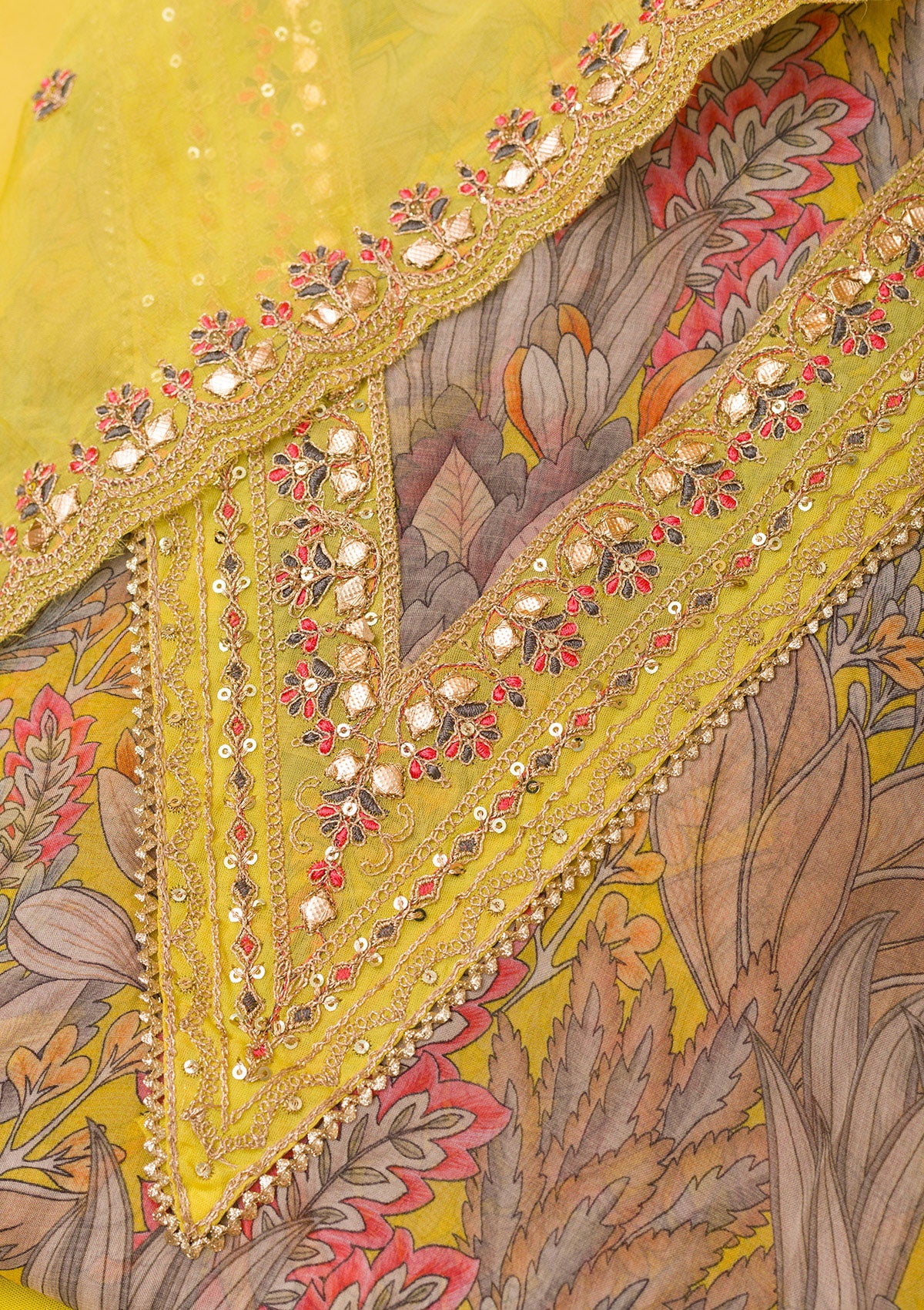 Yellow Printed Semi Crepe Unstitched Salwar Suit